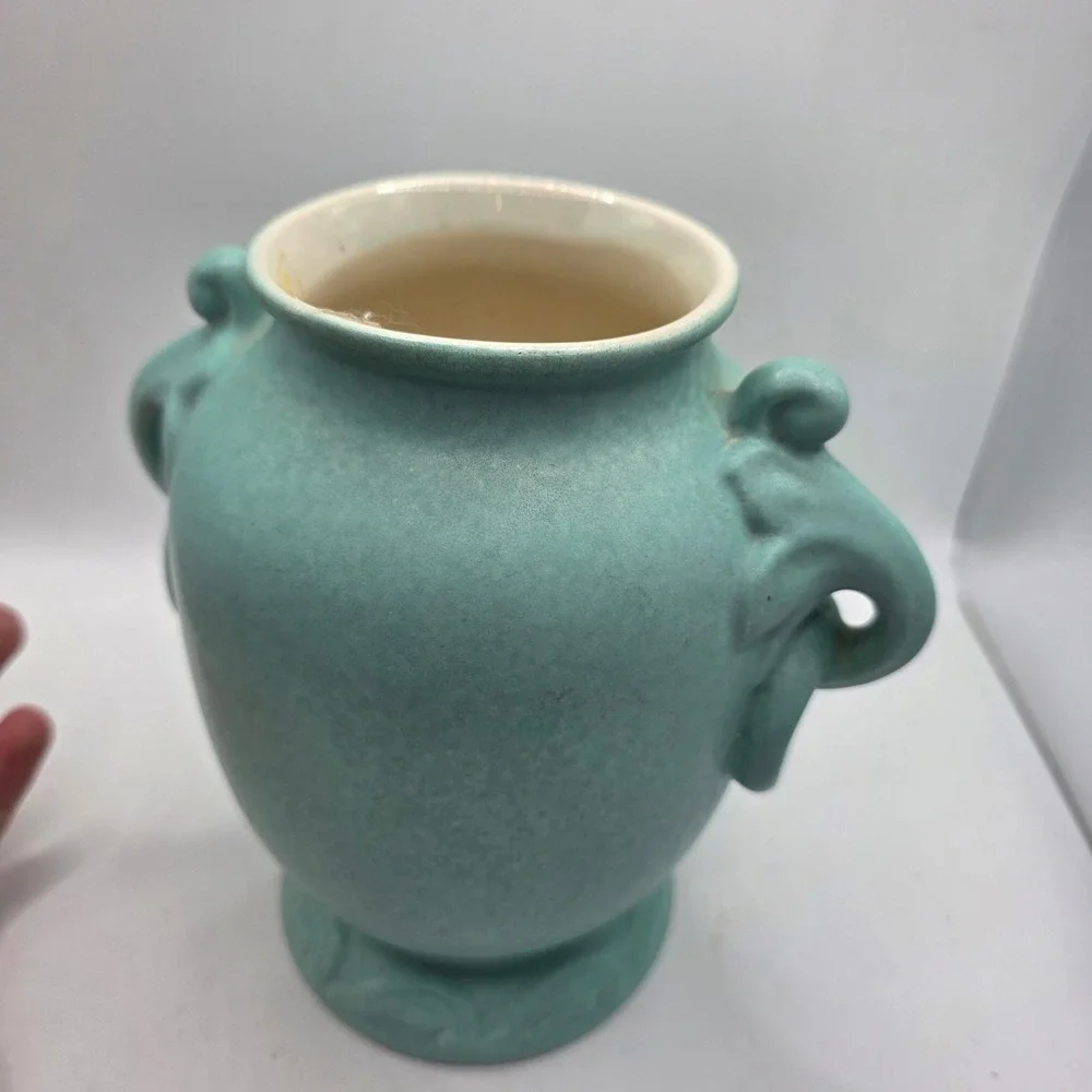 Vintage RumRill 340 Turquoise Art Pottery Vase Elephant Handles Art Deco USA